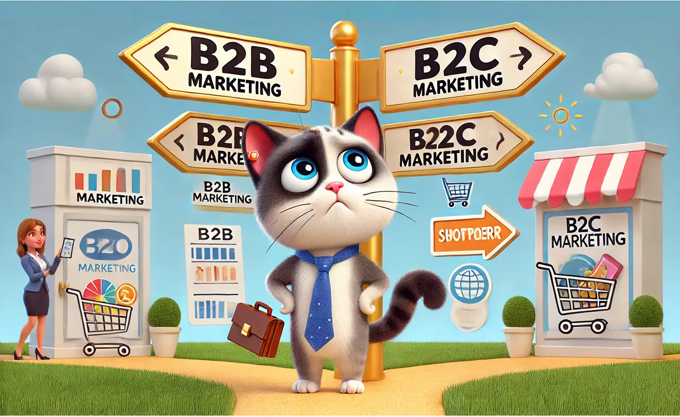 고양이 모습을 한 b2b마케터가 b2b마케팅, b2c마케팅 사이에서 고민하고 있다. 갈래길에서 b2b마케팅과 b2c마케팅이 갈리고 있고 고객과 전략 같은 항목들이 고양이를 혼란스럽게 한다.